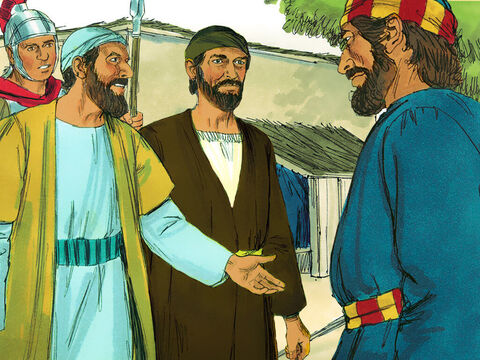 Pendant que Pierre cherchait à comprendre le sens de la vision, les messagers de Corneille arrivèrent. Le Saint-Esprit dit à Pierre d'aller à leur rencontre. «Nous venons de la part du centurion Corneille, un homme juste et craignant Dieu, respecté de tout le peuple juif. Un saint ange lui a dit de te demander de venir chez lui afin qu’il puisse entendre ce que tu as à dire.» Pierre les invita à entrer dans la maison pour y séjourner en tant qu’invités. – Numéro de diapositive 9