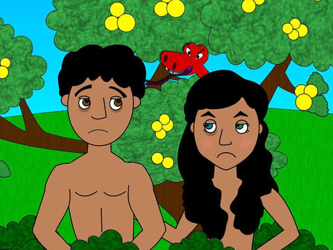 Mais quand Adam et Eve eurent mangé le fruit, soudain ils se rendirent compte qu’ils étaient nus et ils furent saisis de honte et de peur. – Numéro de diapositive 7