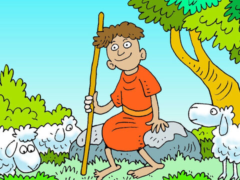 David était le plus jeune de huit frères et passait son temps à s'occuper des moutons de son père qui paissaient dans les collines autour de Bethléhem. – Numéro de diapositive 1