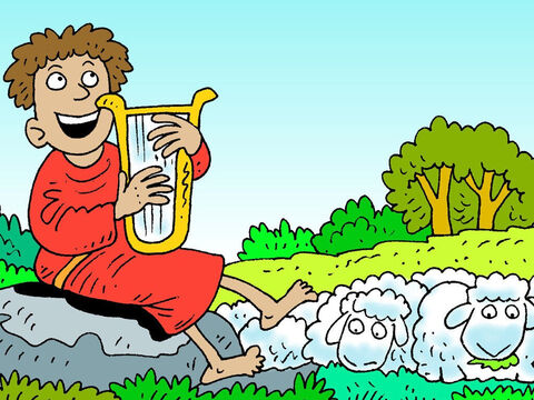 Alors qu'il veillait sur eux, il a appris à jouer de la harpe et chantait des louanges à Dieu. Certaines de ses chansons sont connues sous le nom de psaumes; ils peuvent être trouvés dans la Bible. – Numéro de diapositive 9