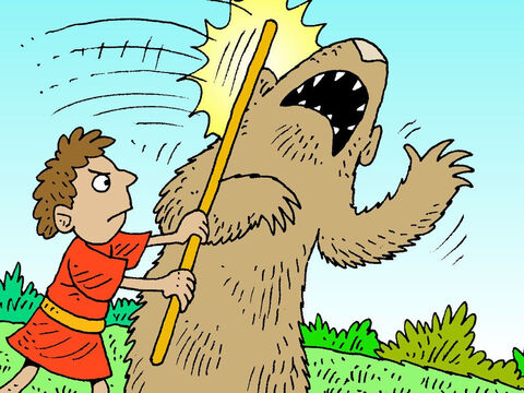 En utilisant son bâton de berger, il attaquait l'ours. – Numéro de diapositive 13
