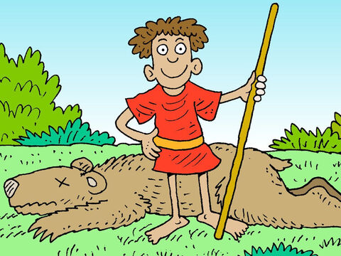 David a appris à faire confiance à Dieu pour l'aider à protéger ses moutons des lions et des ours. C'est pourquoi, plus tard, il a été heureux de faire confiance à Dieu en affrontant le philistin géant, Goliath, qui menaçait le peuple de Dieu. – Numéro de diapositive 15
