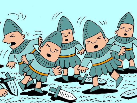 Ils ont trébuchèrent, chancelèrent et laissèrent tomber leurs armes. « Où est la maison du prophète ? » demandèrent-ils. « Où est-ce qu'Élisée est allé ? » – Numéro de diapositive 6