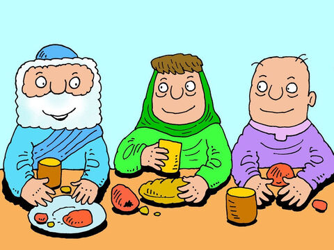 La femme et son mari ont invité Élisée dans leur maison et lui ont donné un repas. « Merci, » dit Élisée, « C'était délicieux ! » – Numéro de diapositive 3
