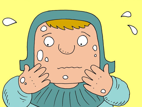 Mais, tout puissant et vaillant que fût Naaman, il commença à remarquer de petites lésions sur sa peau. C’étaient les premiers signes indiquant qu’il était en train de développer une terrible maladie: la lèpre. C’était une maladie pour laquelle il n’existait aucun traitement et qui allait se répandre sur tout son corps. La plupart des gens atteints de lèpre mouraient de cette maladie. – Numéro de diapositive 3