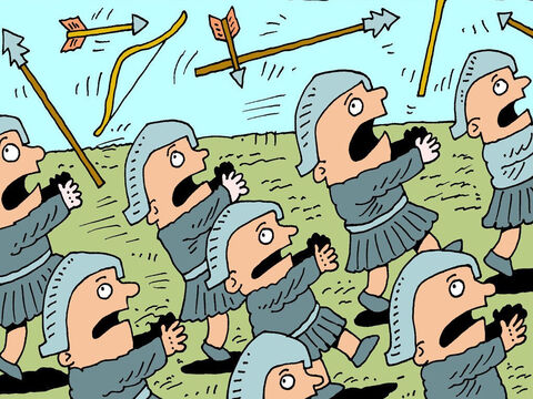 Où donc était l’armée ennemie? La Bible nous dit que peu de temps avant que n’arrivent les hommes lépreux, l’Éternel avait fait entendre un énorme bruit, semblable à une grande armée de chevaux et de chars. L’armée syrienne avait eu si peur qu’ils s’étaient enfuis pour sauver leur vie. – Numéro de diapositive 8