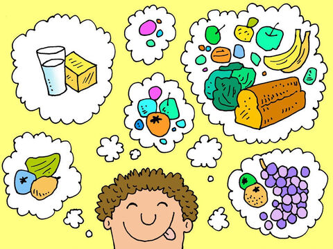 De la nourriture! Et en quantité! Gratuitement! Du bon vin, du lait, du beurre, du fromage, des fruits, des légumes, du pain, des noix... Quelle festin! – Numéro de diapositive 17