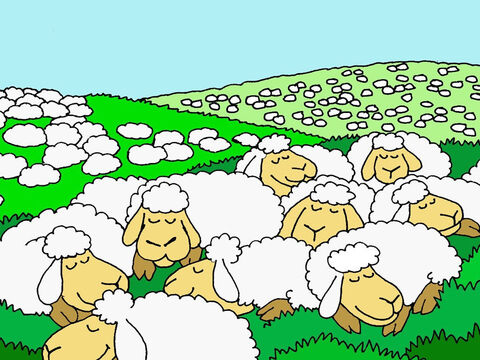 “Il me fait reposer dans de verts pâturages.”<br/>En général, les brebis se reposent quand elles se sentent en sécurité et comblées. Cela veut dire que généralement, je suis satisfait car tous mes besoins ont été comblés. – Numéro de diapositive 2