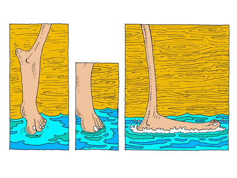 Ses orteils touchent l'eau. C’est froid et humide, comme de la vraie eau. Il pose son pied sur la mer. Il est maintenant debout sur l'eau. – Numéro de diapositive 18