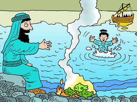 Les autres disciples le suivaient dans le bateau, traînant avec eux le filet plein de poissons. Quand ils sont arrivés sur le rivage, ils ont vu un feu de charbon de bois avec des poissons dessus et du pain. – Numéro de diapositive 6