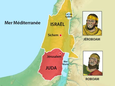 Dès lors, la nation d’Israël fut divisée: le roi Roboam régnait sur les tribus de Juda et de Benjamin à Jérusalem, et Jéroboam régnait sur les dix autres tribus à Sichem. – Numéro de diapositive 21