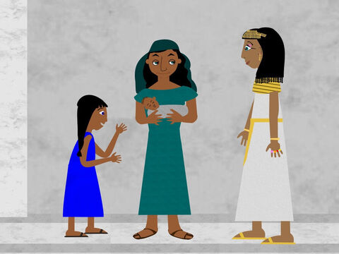 Puis, la sœur du bébé s’approcha et demanda à la fille du pharaon si elle désirait qu'une nourrice s'occupe du bébé. La princesse accepta sa proposition et la soeur prit le bébé pour l’amener à sa mère, afin qu’elle puisse s'occuper de son propre fils. – Numéro de diapositive 6