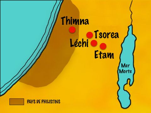 Les Philistins lancèrent une riposte, campèrent en Juda et s’étendirent jusqu’à Léchi. – Numéro de diapositive 7