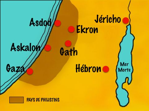 L’Éternel permit qu’ils soient assujettis 40 ans aux Philistins, qui vivaient le long de la côte sud, et dont les cinq villes principales étaient Gaza, Askalon, Gath, Ékron et Asdod. – Numéro de diapositive 2