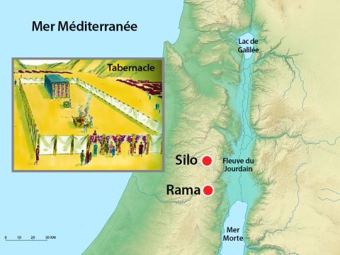 Elkana habitait à Rama. Tous les ans, lui et sa famille se rendaient à Silo pour adorer l’Éternel dans le Tabernacle. – Numéro de diapositive 3