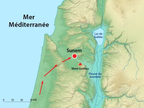 Les Philistins arrivèrent avec leurs troupes à un endroit situé près de Sunem. – Numéro de diapositive 2