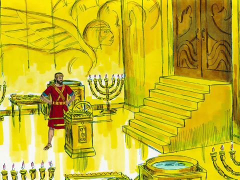 Cependant, après la mort de Zacharie, Ozias s’énorgueillit de ses succès. Il se croyait plus puissant et plus important qu’il ne l’était réellement. Il devint infidèle au Seigneur et entra en vain dans le Temple pour brûler de l’encens sur l’autel des parfums. Seuls les prêtres étaient autorisés à pénétrer dans le sanctuaire intérieur du Temple et à brûler de l’encens. – Numéro de diapositive 12