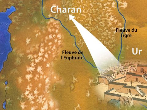 Térach a pris son fils Abram, son petit-fils Lot, qui était le fils de Haran, et sa belle-fille Saraï, la femme de son fils Abram. Ils sortirent ensemble d'Ur en Chaldée pour se rendre dans le pays de Canaan mais, arrivés à Charan, ils s'y installèrent. Genèse 11:31 (LSG21). – Numéro de diapositive 1