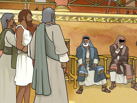 Ensuite, les pharisiens ont interrogé ses parents. Ils avaient peur des pharisiens parce qu'ils savaient que s'ils faisaient louaient les actions de Jésus, ils seraient expulsés de la synagogue. Ils ont donc seulement admis que leur fils était né aveugle. – Numéro de diapositive 11