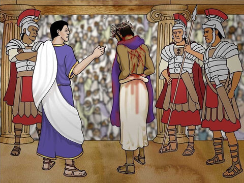 Pilate présenta encore Jésus à la foule. Il dit : « Voici l’homme. » Quand ils virent Jésus, ils s’écrièrent : « Crucifie-le, crucifie-le ! » Pilate céda à la volonté du peuple et leur donna la permission de crucifier Jésus. (Jean 19:4-16) – Numéro de diapositive 18