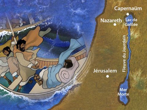 Jésus continuait son ministère autour de la Mer de Galilée. Il était parfois compliqué pour Jésus et ses disciples de gérer les grandes foules qui les entouraient. – Numéro de diapositive 1