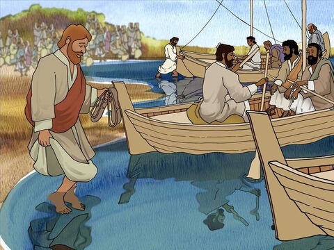 Après avoir parlé à la foule, le temps fut venu pour Jésus de partir. Il dit alors à ses disciples de se préparer à se rendre de l’autre côté de la Mer de Galilée. De cette façon, ils pourraient échapper à la grande foule qui les suivait. – Numéro de diapositive 2