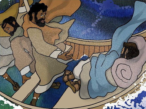 Comme ils avaient tous peur de mourir, ils décidèrent de réveiller Jésus. «Sauve-nous, Seigneur, nous périssons!» Jésus leur demanda:  «Pourquoi avez-vous peur, hommes de peu de foi?» – Numéro de diapositive 8