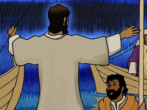 Jésus se leva, menaça la tempête et, aussitôt, le vent cessa et les vagues redevinrent parfaitement calmes. Dieu a créé les cieux et la terre par sa Parole (Genèse 1), de même, Jésus a apaisé la mer par sa Parole. – Numéro de diapositive 9