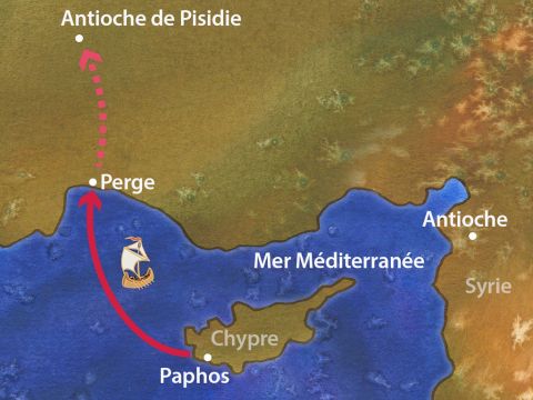 Paul et ses compagnons naviguèrent de Paphos à Perge. Cependant, là, Jean les quitta et retourna à Jérusalem. Paul et Barnabas se rendirent à Antioche de Pisidie ​​et, le jour du sabbat, ils entrèrent dans la synagogue et enseignèrent. – Numéro de diapositive 18