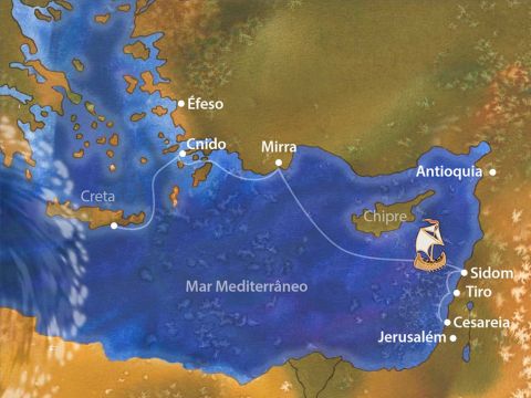 Ils partirent de Césarée et traversèrent la Mer Méditerranée en direction de Rome. L'hiver et ses tempêtes approchaient. Le navire devait faire face aux vents et aux mauvaises conditions de navigation pour atteindre lentement un lieu nommé Beaux Ports. – Numéro de diapositive 2