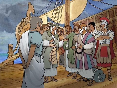 Beaucoup de temps s’était déjà écoulé et la traversée était devenue périlleuse. Paul les exhorta à reporter le voyage, car il craignait que le bateau ne soit en grand danger. Ils refusèrent d’écouter Paul et partirent. – Numéro de diapositive 3
