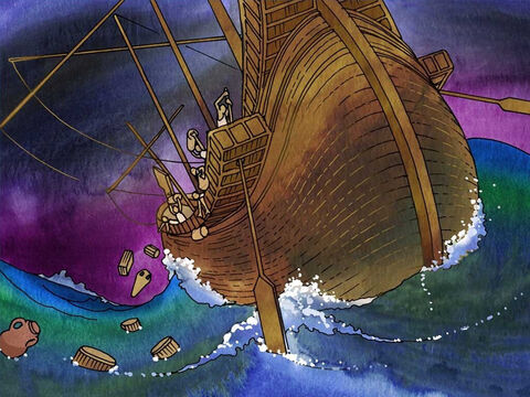 Peu de temps après, un vent violent leur fit perdre le contrôle du navire. Le troisième jour de tempête, ils jetèrent la cargaison par-dessus bord, espérant maintenir le navire à flot. Ni le soleil ni les étoiles ne leur apparurent pendant plusieurs jours. – Numéro de diapositive 4
