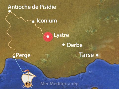 Paul et Barnabas se rendirent ensuite en Lycaonie, à Lystre, pour parler de Jésus à encore plus de personnes. Ils continuèrent à annoncer qu’il était possible d’obtenir le pardon de leurs péchés s’ils croyaient en Jésus comme leur Sauveur et Seigneur. – Numéro de diapositive 3