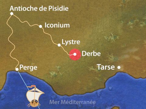 Le lendemain, Paul et Barnabas se rendirent à Derbe où ils parlèrent encore avec assurance de Jésus aux gens. Beaucoup d’habitants de Derbe crurent et commencèrent à suivre Jésus comme leur Seigneur et Sauveur. – Numéro de diapositive 11