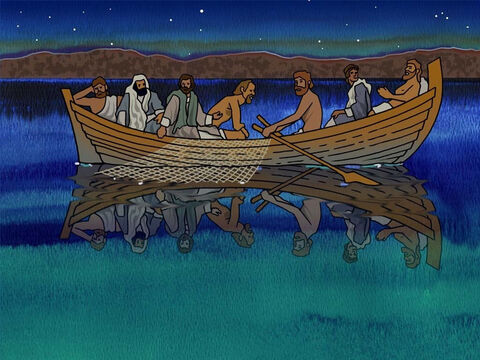 Il était temps pour les disciples d’aller en Galilée et de voir Jésus, comme Il le leur avait demandé. Jésus n'était pas encore arrivé et, une nuit, Pierre décida d'aller pêcher sur la mer de Galilée. Certains disciples se joignirent à lui. (Jean 21:1-3) – Numéro de diapositive 9